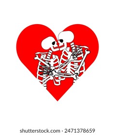 Love to death. Skeletons kiss Sign Valentine's day. Postcard for February 14th. 