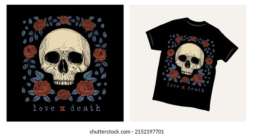 Love and death skull and rose vintage illustration t shirt