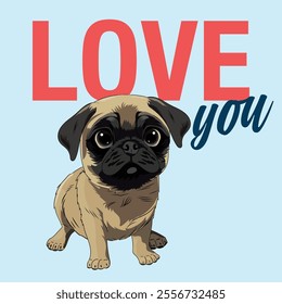 love declaration card with cute pug puppy in anime style, vector illustration