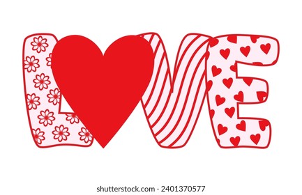 Love decorative letters with pattern, vector illustration, Valentine's Day design element for card, banner.