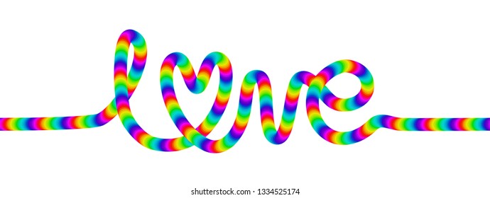 Love decorative rainbow cursive font lettering isolated on white.