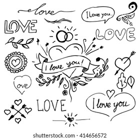 Love Decorative Vintage Elements, Hand Drawn Collection With Arrow, Heart, Tatoo, Flower, Tea And Lettering. Doodle Love Set, Vector Illustration For Design