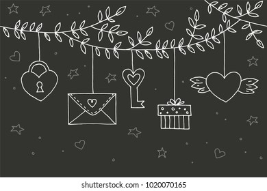 Love decorative vintage elements on black background. Hand drawn collection with heart, wings, branch with leaves, bird, gift, lock, key, letter and lettering. Doodle set, cartoon romantic objects