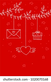 Love decorative vintage elements on red background. Hand drawn collection with heart, wings, branch with leaves, bird, gift, lock, key, letter and lettering. Doodle set, cartoon romantic objects