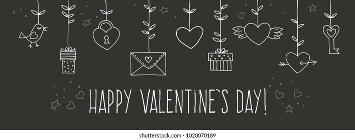 Love decorative vintage elements on black background. Hand drawn collection with heart, wings, branch with leaves, bird, gift, lock, key, letter and lettering. Doodle set, cartoon romantic objects
