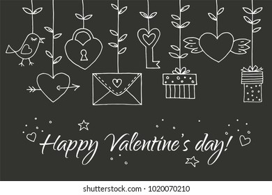 Love decorative vintage elements on black background. Hand drawn collection with heart, wings, branch with leaves, bird, gift, lock, key, letter and lettering. Doodle set, cartoon romantic objects