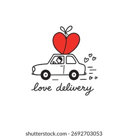 Love Delivery Car — Valentine’s Day Vector Illustration with Red Heart