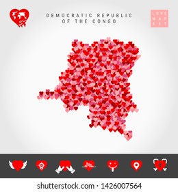 I Love Democratic Republic of the Congo. Red and Pink Hearts Pattern Vector Map Isolated on Grey Background. Love Icon Set.
