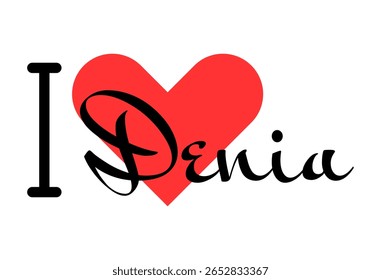Eu amo Denia, cidade da Espanha. Cartas desenhadas à mão com coração vermelho. Letras de ilustração vetorial, design moderno para impressão de camiseta, banner, cartaz, adesivo ou rótulo.