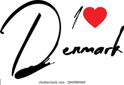 I Love Denmark Country Name Handwritten Black Color Text 
on White Background