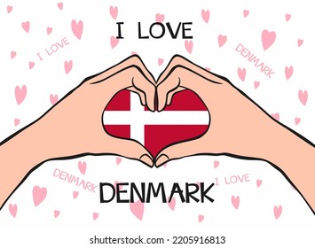 I love Denmark. Heart hand gesture with Denmark flag. Modern design with text I love Denmark in flat style. Beautiful background design with hearts. Vector illustration eps 10