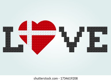 Love Denmark Text. Flag in heart. From plastic building toy bricks or blocks. Vector illustration.