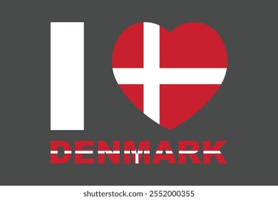 I love Denmark Word with heart shape, Flag of Denmark national country symbol illustration Vector, Rectangle Denmark flag illustration, Flat vector illustration
