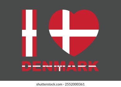 I love Denmark Word with heart shape, Flag of Denmark national country symbol illustration Vector, Rectangle Denmark flag illustration, Flat vector illustration
