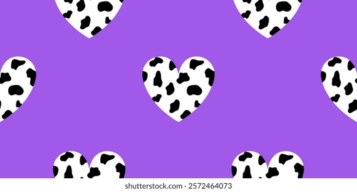 Love design cover with animal print shapes. Seamless purple background with dalmatian, cow hearts for textile, decorative wrapping paper, fabric.