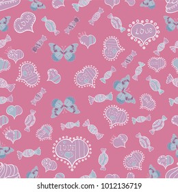 Love design with different elements. Sketch designed loves heart. Cute and nice little hearts in seamless pattern. Vector illustration. To print on tissue paper, to web design.