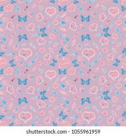 Love design with different elements. Sketch designed loves heart. Cute and nice little hearts in seamless pattern. Vector illustration. To print on tissue paper, to web design.