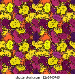 Love design with different elements. Valentines day background on yellow, black and purple colors. Seamless Interesting typography. Vector illustration.