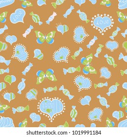 Love design with different elements. Vector illustration. Valentines day background on orange, blue and green colors. Seamless Interesting typography.