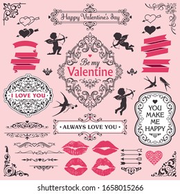 Love design elements set, decorative flourish border corner and frame collection for invitation, menu and page decoration