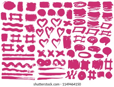 Love design elements. Vector heart. Pink stripes, grunge. Handmade. Original textures, hand draw. Brushes, frames. Valentine's Day