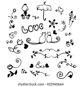 Love design hand dawn  black elements for scrap-booking, card, wedding invitation. Cute doodle elements  with flowers, cats, arrows, vignette, leaves,umbrella, lantern vector illustration isolated.