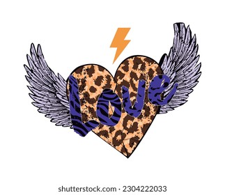 Love. Design for winged heart t-shirt with animal print texture and the symbol of thunder.