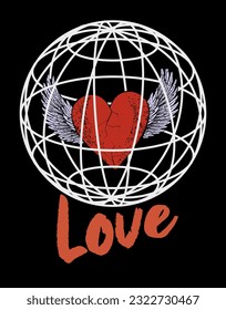 Love. Design for a winged heart t-shirt enclosed in a spherical shape isolated on black.