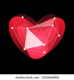 Love detection. Happy Valentines Day logo, red, glass, porcelain heart, love holidays, greeting internet card, vector illustration on black background.