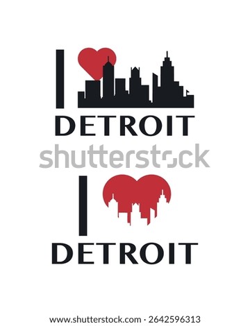 I love Detroit vector art, badge, tag, icon, logo concept. USA, Michigan state city landmarks and heart isolated image layout for print, image, card