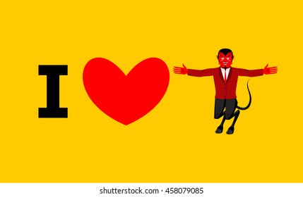 I love devil. Symbol of heart and demon with horns. Red Satan. Prince of darkness and underworld. Lucifer Boss. Religious and mythological character, supreme spirit of evil.