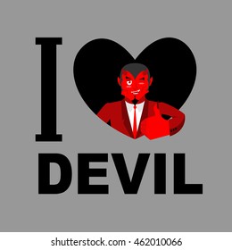 I love devil. Symbol of heart and demon with horns. Red Satan. Prince of darkness and underworld. Lucifer Boss. Religious and mythological character, supreme spirit of evil.