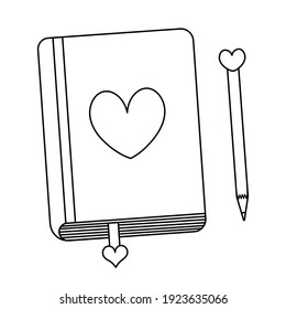 Love diary and pencil. Bookmark among the sheets. Sketch. Heart on the cover. Doodle style. A personal notepad for cute thoughts. At the end of the pencil is a heart-shaped eraser. Hardcover notebook.