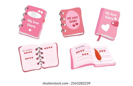 Love diary vector set in flat design. Pink notebook for lover. Love element, valentine element vector in cartoon style isolated on white background.