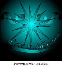"Love is different" in a gradient, monochrome turquoise-black version, with a star and ribbons