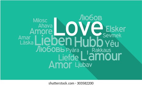LOVE in different languages, words collage vector illustration