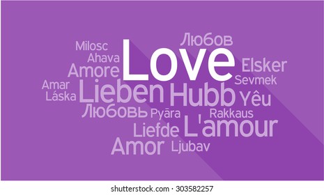 LOVE in different languages, words collage vector illustration