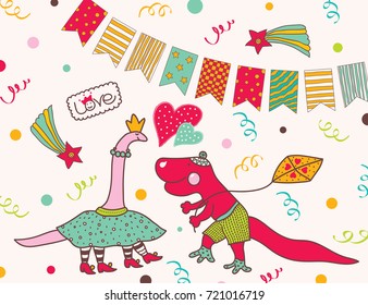 Love and dinosaurs! Happy party! Cute postcard.