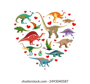 Me encantan los dinosaurios en forma de corazón Anuncio con lagartos prehistóricos de la era Jurásica, Vector de dibujos animados. Dinosaurios divertidos y huevos de dinosaurios de reptiles o aves en parque Jurásico con corazones de amor para los niños animales extintos