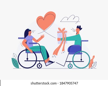 In love disabled people in wheelchair. Happy handicapped people flat vector illustration. Couple of youth with disability, handicap friends. Care and support on trendy drawing isolated on white 