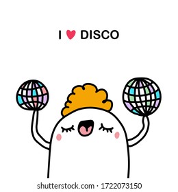 I love disco hand drawn vector illustration in cartoon comic style pop music party man holding mirror balls