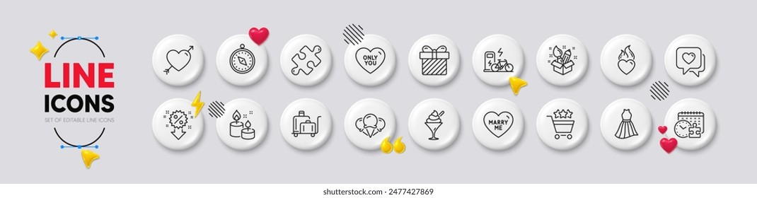 Amor, Descuento e Iconos de línea de bicicleta eléctrica. Iconos 3d de Botones blancos. Pack de helados, sorpresa, icono del corazón. Carro de equipaje, Brújula de viaje, Pictograma de vestir. Corazón en llamas, Puzzle, Creatividad. Vector