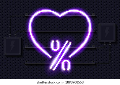 Love discount glowing purple neon lamp sign. Realistic vector illustration. Perforated black metal grill wall with electrical equipment.