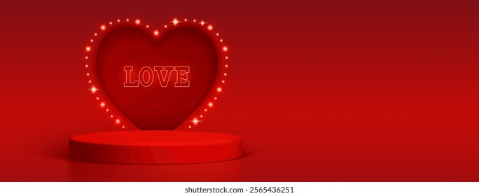 Love display composition with illuminated heart shaped neon frame on red podium - scarlet background with glowing decoration light bulbs. Romantic showcase design or Valentine advertisement elements.