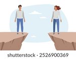 Love at distance between man and woman feeling stressed and standing on different rocks. Love at distance is demonstrated by young couple maintaining relationship during business trip or emigration