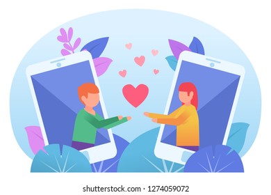 Love at a distance, dating website. Couple in love communicating from big mobile phones. Poster for web page, banner, social media, presentation. Flat design vector illustration
