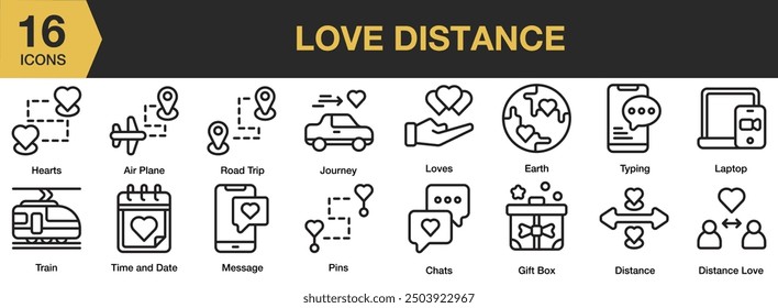 Love Distance icon set. Includes pins, message, journey, loves, gift box and More. Outline icons vector collection.