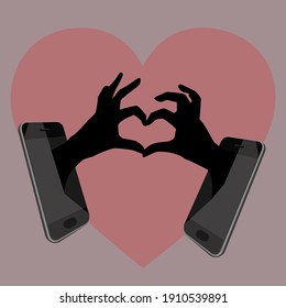 Love in the distance. Two hands come out of two smartphones and form a heart.