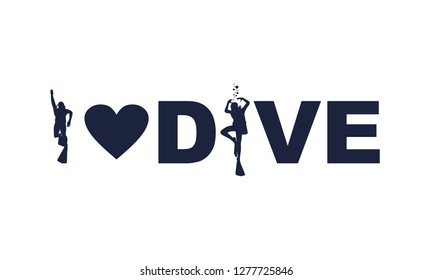 i love dive text with silhouette of diver and heart icon. The concept of sport diving.