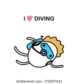 I love diving hand drawn vector illustration in cartoon comic style man with equipment under water